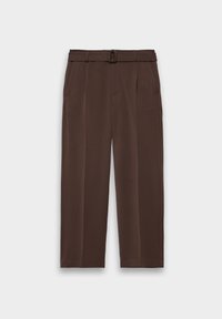 Brune bukser med bælte, der har høj talje, plisseret front og sidelommer; lavet af glat, tekstureret stof.