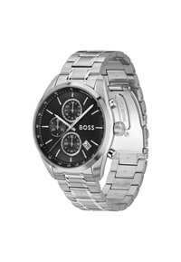 Silver stainless steel watch with a black dial, three sub-dials, tachymeter markings, date display, and a link bracelet design.