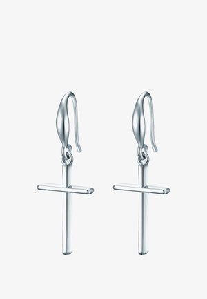 Sidabriniai auskarai su kryžiaus dizainu, turintys lygią tekstūrą ir poliruotą paviršių. Jie turi kabliuko tvirtinimą ir minimalistinį stilių.