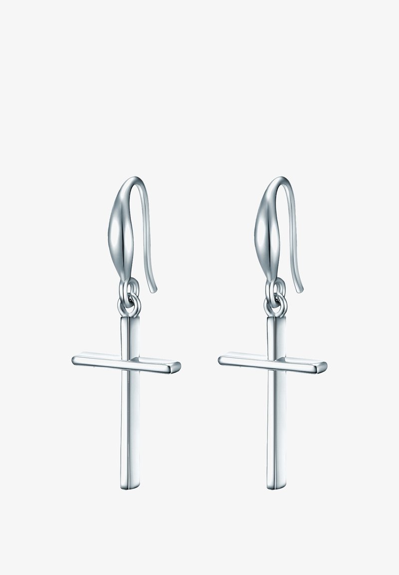 Sidabriniai auskarai su kryžiaus dizainu, turintys lygią tekstūrą ir poliruotą paviršių. Jie turi kabliuko tvirtinimą ir minimalistinį stilių.
