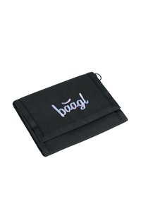 Black fabric wallet featuring an embroidered "bāagl" logo in iridescent colors, compact rectangular shape with a fold-over design.