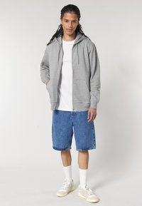 Pilkas džemperis su užtrauktuku ir raišteliu kapišone, derinamas su balta marškinėliais ir mėlynais džinsiniais šortais. Modelis dėvi baltas kojines ir šviesius sportinius batelius.