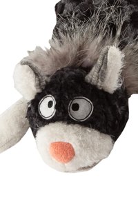 Plush toy resembling a cat, featuring a black and white body, large round eyes, orange nose, and textured fur accents. Soft and cuddly.
