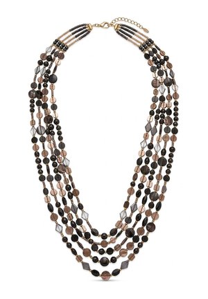 Meerdelige ketting met zwarte, bruine en doorschijnende kralen in verschillende vormen, voorzien van een gouden sluiting en verstelbare ketting.
