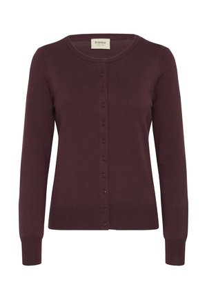 Cardigan tricoté bordeaux avec des manches longues, un col rond et une fermeture à boutons. Il présente des poignets et un ourlet côtelés pour un ajustement serré.
