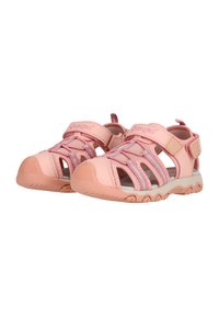 Pink outdoor sandals with a sturdy design, featuring a closed toe, adjustable straps, and breathable fabric panels. Rubber sole provides traction.