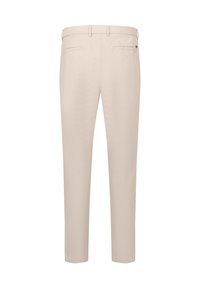 Beige Hose aus leichtem Stoff, mit geradem Bein, Gesäßtaschen und einem glatten Bund ohne sichtbare Verschlüsse.