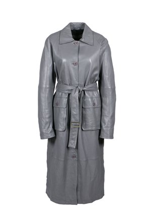 Grauessleder-Trenchcoat mit langen Ärmeln, Kragen, tailliertem Schnitt, zwei Vordertaschen und Knopfverschluss vorne. Glatte Textur und minimalistisches Design.