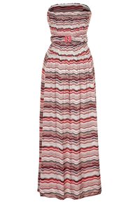 Gestreepte strapless maxidress in rood, roze, grijs en zwart met een geaccentueerde taille en een bijpassende riem met een decoratieve gesp.