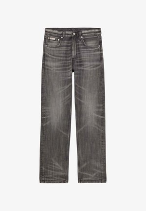 Straight-Leg dunkelgraue Jeans aus Denim mit ausgewaschenen Details, fünf Taschen, Knopf- und Reißverschluss sowie Calvin Klein-Logo auf der Münztasche.