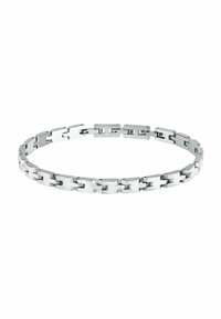 Bracciale metallico con maglie rettangolari interconnesse, finitura argentata lucida, texture liscia e forma uniforme con dettagli minimi.