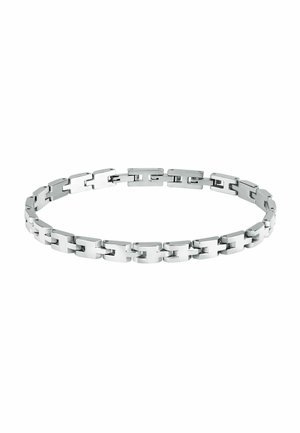 Bracciale metallico con maglie rettangolari interconnesse, finitura argentata lucida, texture liscia e forma uniforme con dettagli minimi.