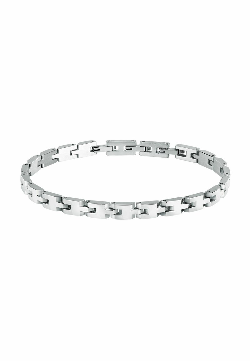 Bracciale metallico con maglie rettangolari interconnesse, finitura argentata lucida, texture liscia e forma uniforme con dettagli minimi.