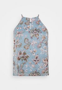 Ohutolkaiminen kukkakuviollinen paita, jossa on vaaleansininen tausta ja monivärinen monimutkainen kukkakuvio. Avainreikäkaulusdetaili.