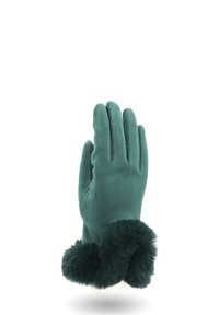 Guanto verde in suede con polsino di pelliccia soffice, mostrato in verticale con le dita unite su uno sfondo bianco.