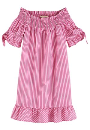 Off-shoulder jurk met roze en witte strepen, voorzien van een smocked hals, uitlopende mouwen en een gerimpelde zoom. Gemaakt van katoen.