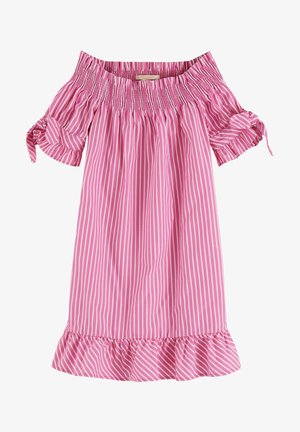 Robe à épaules dénudées avec des rayures roses et blanches, dotée d'un col smocké, de manches évasées et d'un ourlet à volants. Matière en coton.