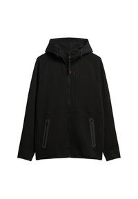 Zwarte hoodie met rits en raglanmouwen, voorzien van twee voorzakken met rits, een gestructureerde stof en een subtiele logodetail op de borst.