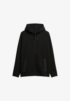 Black zip-up hooded sweatshirt with raglan sleeves, featuring two front zip pockets, a textured fabric, and subtle logo detail on the chest.