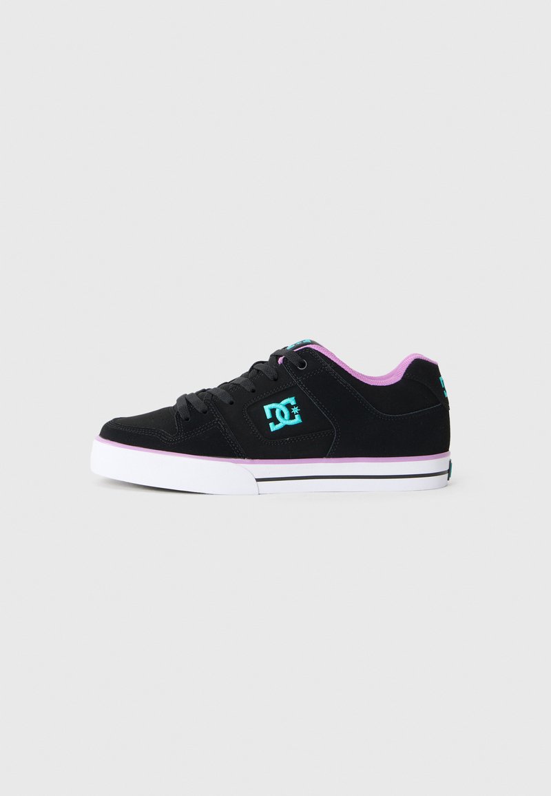 Black low-top sneaker with turquoise logo, purple lining, and white sole with black stripe, shown in side profile on a plain background.