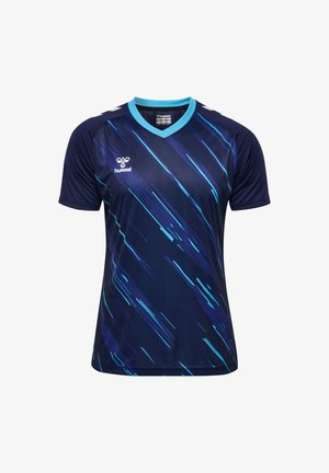 Marineblaues Sporttrikot mit V-Ausschnitt, das dynamische türkisfarbene und blaue diagonale Streifen aufweist. Hergestellt aus atmungsaktivem Stoff mit kurzen Ärmeln.