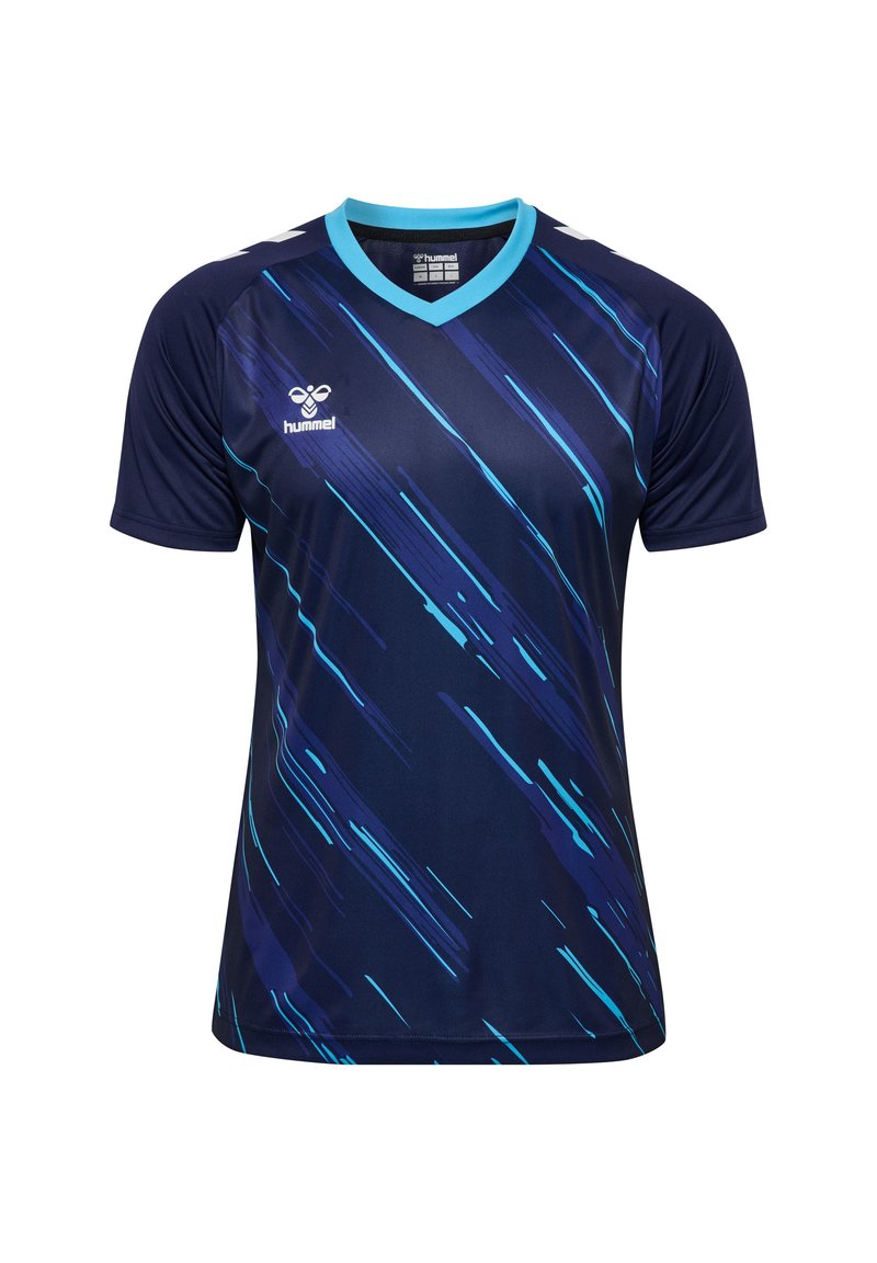 Marinblå sporttröja med V-ringning, med dynamiska diagonala ränder i turkos och blått. Tillverkad av andningsbart tyg med korta ärmar.