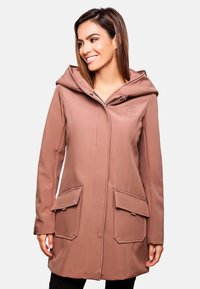 Light brown waterproof coat with a large hood, two front flap pockets, and visible stitching detail. Features a zip closure and logo.