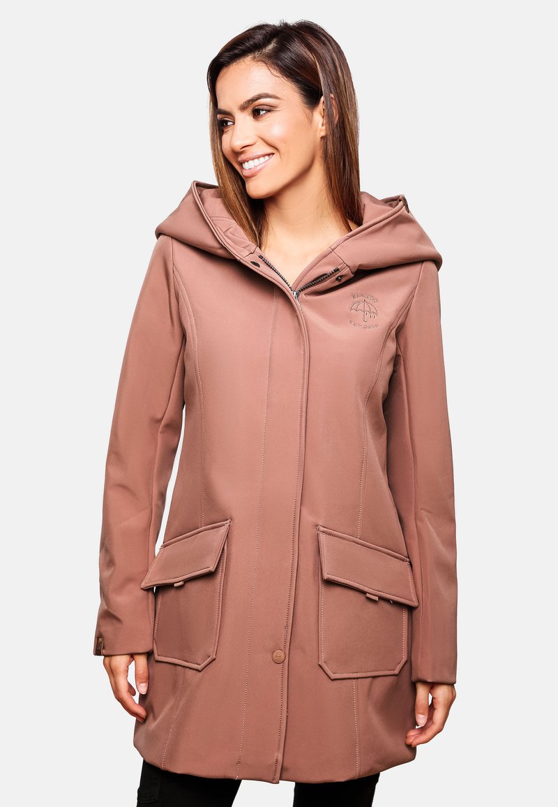 Light brown waterproof coat with a large hood, two front flap pockets, and visible stitching detail. Features a zip closure and logo.