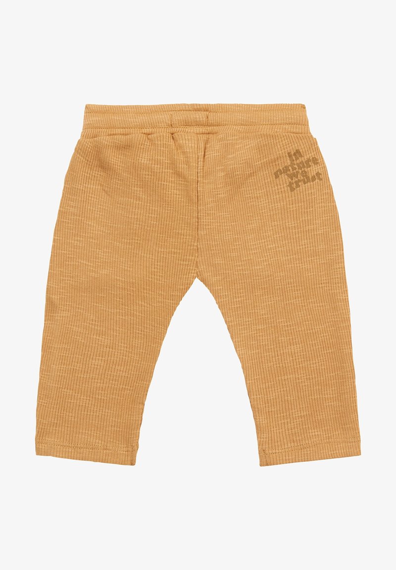Pantalon doux, côtelé, marron clair pour tout-petit avec taille élastique et imprimé de texte discret sur la partie supérieure droite de la jambe.