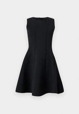 Robe noire sans manches de coupe trapèze avec des détails de coutures verticales et une taille cintrée, présentée sur un fond blanc.