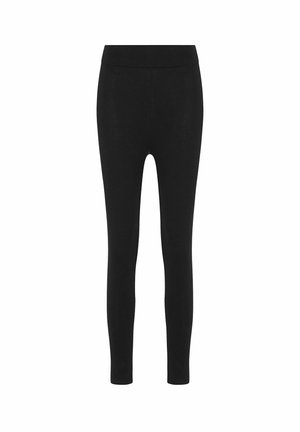 Sorte leggings lavet af et strækbart materiale med en høj talje og et sømløst design. Stoffet har en glat tekstur.