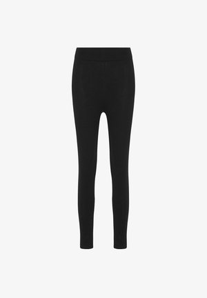 Schwarze Leggings aus einem dehnbaren Material, mit einem hohen Bund und einem nahtlosen Design. Der Stoff hat eine glatte Textur.