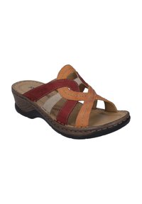 Multicolored leather slide sandal featuring crisscross straps in red, orange, and cream, with a textured cork midsole and black rubber outsole.