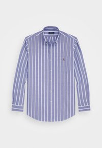 Niebieska i biała koszula w paski z kołnierzykiem zapinanym na guziki, długimi rękawami oraz kieszenią na piersi z małym logo. Lekka tkanina.