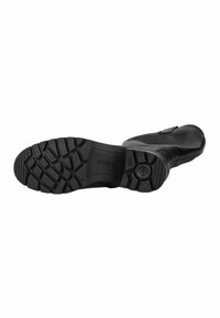 Zwarte rubberen laars heeft een gestructureerd loopvlak voor grip, met een glad bovenstuk en een ronde neus.