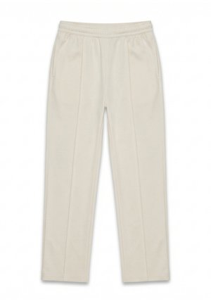 Pantaloni beige a gamba dritta con vita elasticizzata e tasche laterali, con pieghe cucite lungo la parte anteriore di ogni gamba.