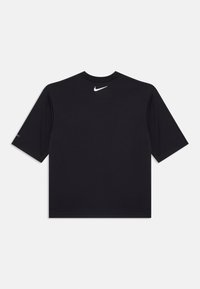 Melna īsām piedurknēm t-krekls, izgatavots no gludas auduma, ar balto Nike logo aizmugurējā kakla daļā, ar brīvu piegriezumu un apaļu kakla izgriezumu.