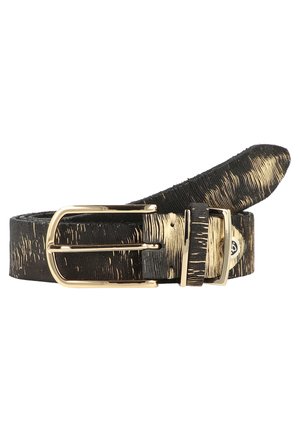 Cinturón de cuero negro con estampado de pinceladas doradas, que cuenta con una hebilla de metal dorada y un lazo ajustable. Superficie texturizada para un detalle adicional.