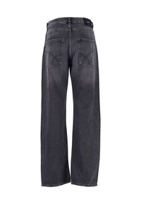 Jeans a vita alta e gamba larga in denim grigio scuro. Presentano tasche posteriori doppie con cuciture distintive e orlo grezzo alle gambe.