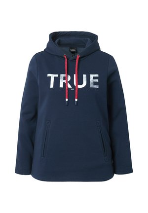 Marineblaue Kapuzenjacke mit silberner Aufschrift "TRUE", roten Kordeln und Seitentaschen. Hergestellt aus einem weichen Material mit lockerer Passform.