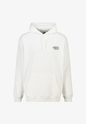 Sweat à capuche blanc avec poche frontale, capuche à cordon de serrage et broderie "HERITAGE RACING CLUB Hamptons" en gris. Tissu doux, coupe décontractée.