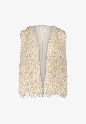 Veste en fausse fourrure écrue, dotée de longues mèches texturées et d'une coupe ouverte à l'avant. Ourlet droit et intérieur doublé.