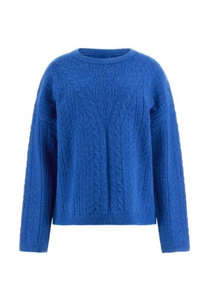 Blauwe gebreide trui met gestructureerde kabelpatronen, ronde halslijn en lange mouwen. Gemaakt van zachte garen. Verkorte silhouet.