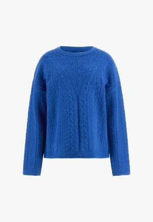 Blauwe gebreide trui met gestructureerde kabelpatronen, ronde halslijn en lange mouwen. Gemaakt van zachte garen. Verkorte silhouet.