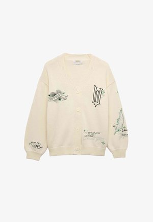 Cardigan crema con cuello en V, cierre de botón y diseños bordados que incluyen texto e ilustraciones en verde y negro.