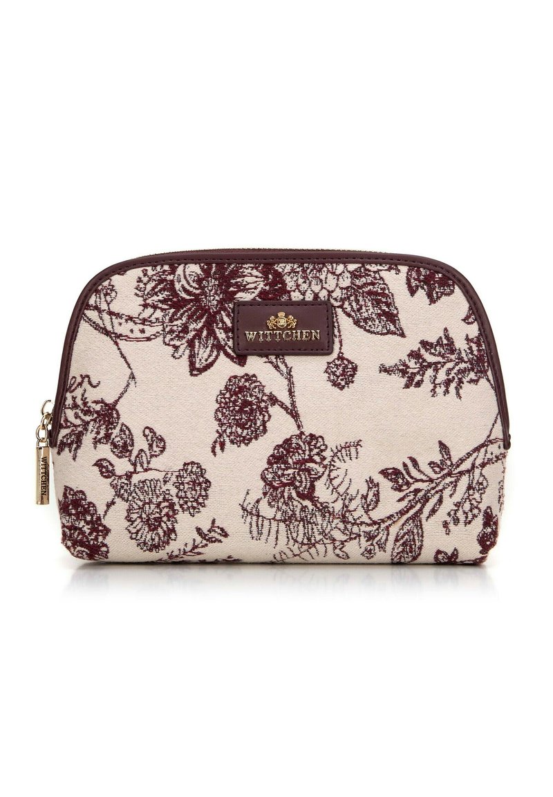 Pochette cosmetica floreale beige con motivo floreale bordeaux, chiusura a zip e etichetta in pelle. Tessuto testurizzato con un design ricamato.