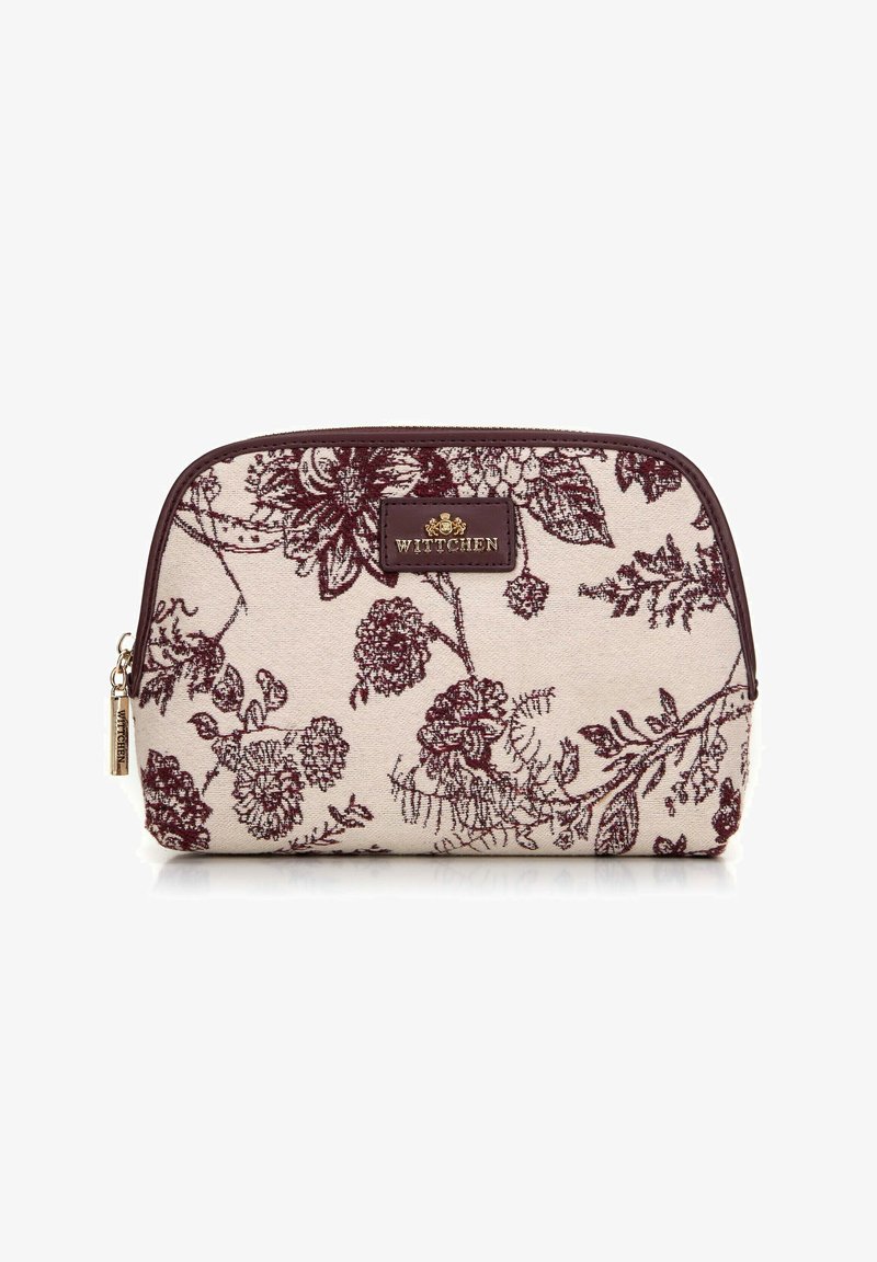 Beige bloemen cosmeticapouch met maroon bloemenpatroon, ritssluiting en een leren logo tag. Gebreide stof met een geborduurd ontwerp.