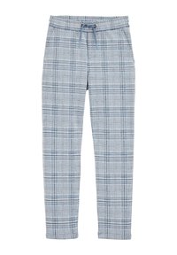 Ljusblå rutiga byxor med dragsko i midjan. Tillverkade av mjukt tyg, med ett rutmönster i mörkare blå och vita detaljer.