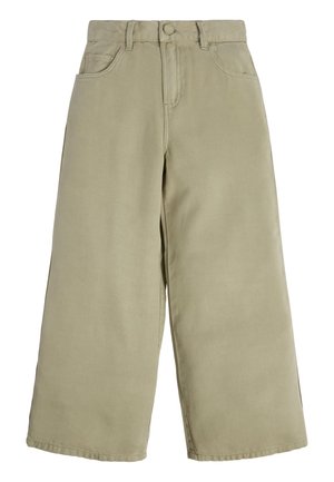 Beigefarbene Hose mit weitem Bein, hoher Taille, Gürtelschlaufen, Frontknopf und Reißverschluss sowie zwei Fronttaschen, auf weißem Hintergrund gezeigt.