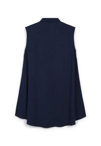 Gilet senza maniche blu navy con colletto, caratterizzato da una silhouette fluida e una texture liscia. Il retro presenta una lavorazione a cucitura dritta.